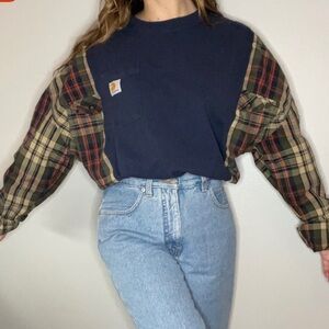 Upcycled Carhartt Tshirt and Plaid Sleeve Navy Shirt Rework